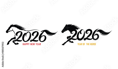 2026 year of the horse calligraphy with running horse silhouettes in black and red Keywords: 2026, year of the horse, calligraphy, running horse, silhouette, black, red, yellow, happy new year