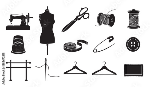 Black vector icons of sewing tools and accessories on white background