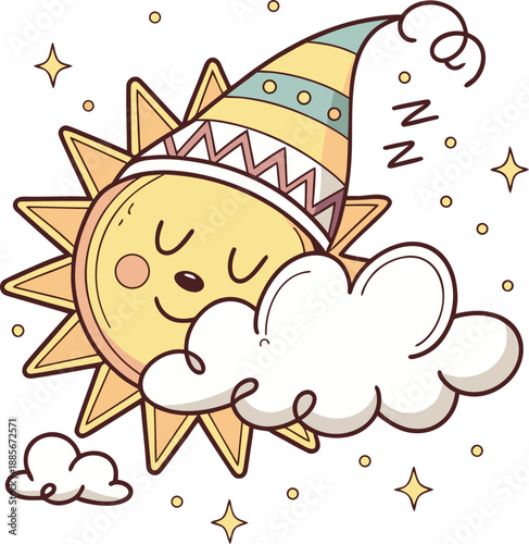 Adorable sun character with sleeping cap snuggled in cloud with stars and 'Zzz', indicating sleep and rest.
