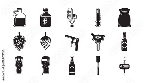 Collection of black and white beer brewing icons and symbols