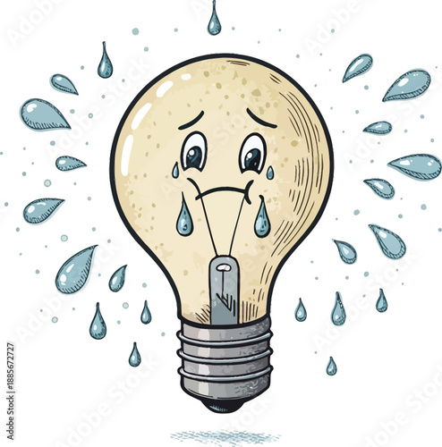 Sad incandescent light bulb with tearful face and raindrops, representing a bad idea or disappointment.