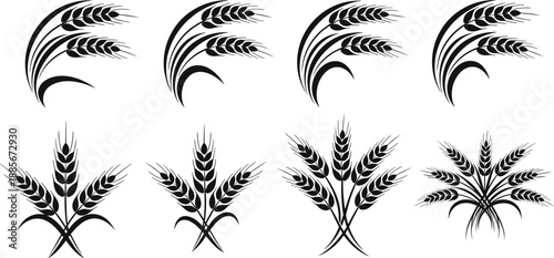 Wheat Icons: Intricate black and white illustrations of wheat, evoking themes of abundance, agriculture, and harvest. Ideal for designs related to food, farming, and nature.