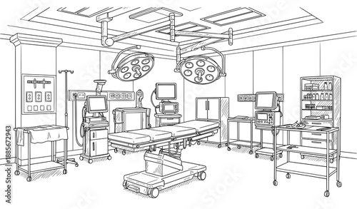 Operating room interior black and white line art sketch vector illustration
