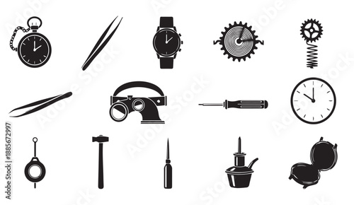 Collection of various black and white icons related to time, tools, and machinery.