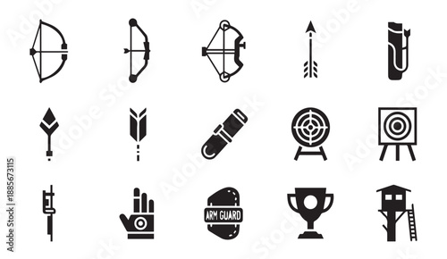 Archery icons including bow, arrow, target, and trophy in black and white