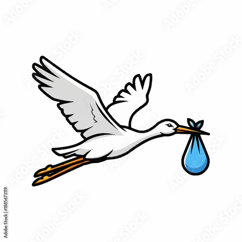 Stork delivering a baby in a blue bundle, symbolizing new life and birth.