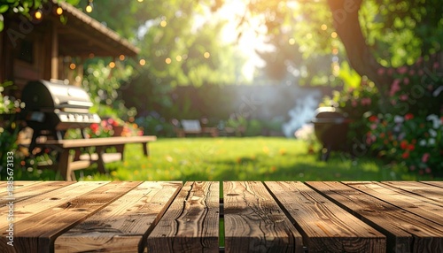 summer time gathering in backyard garden featuring grill BBQ, wooden table, blurred background