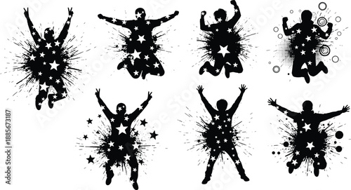 Silhouettes of a cheering crowd of people celebrating with raised hands at music concert festival or party event on a white background