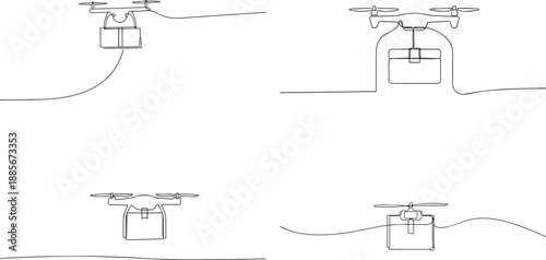 A Set of Flying drone delivering box package one continuous line art, Vector illustration, One line art, Line art graphic style