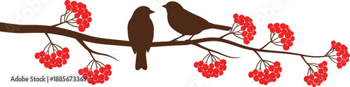 Love Birds Perched on a Branch: Two silhouettes of graceful birds are perched on a branch, their presence emphasized by vibrant red berries. The simplicity creates a serene and idyllic composition.