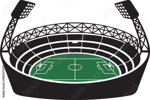 Modern Soccer Stadium with Floodlights and Green Field, Vector Illustration