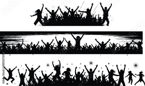 Silhouette collection of cheering crowd people jumping for Happy New Year celebration music festival party and raised fist for political protest on white background
