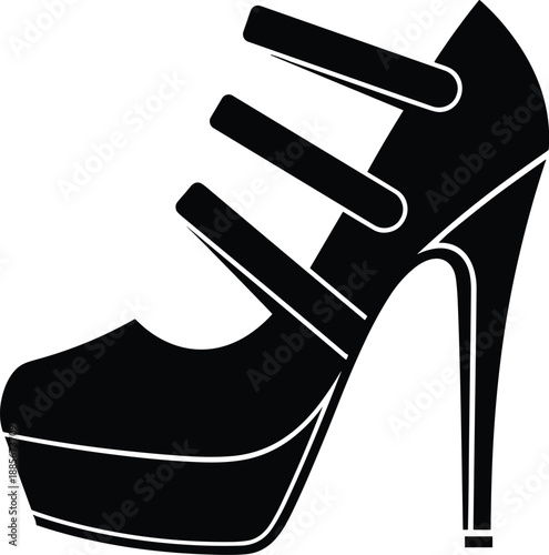 Black silhouette of casual slip on sneakers elegant high heel boots and platform strappy stiletto icons isolated on white background.