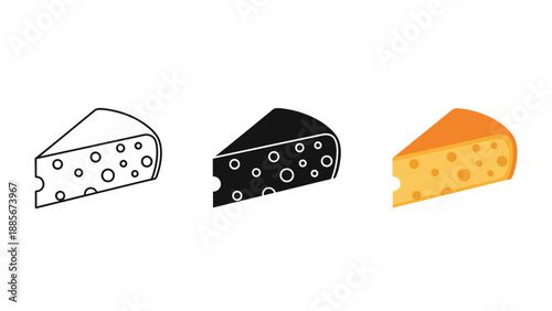 Three different colored cheese wedges in black and white and orange illustration on white background