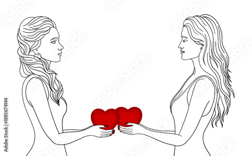 Silhouettes of girlfriends holding hearts isolated on a white background. Friends give each other love and hearts. Vector illustration.