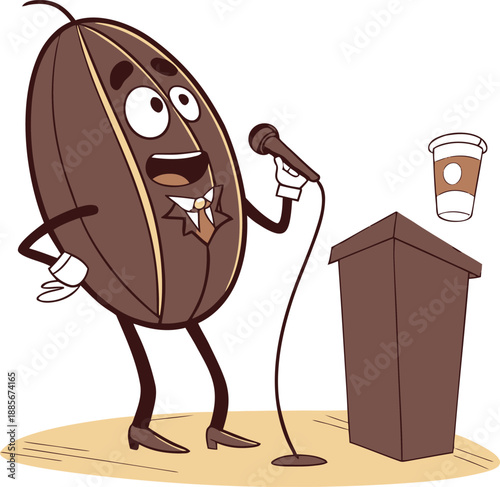 Coffee bean character giving a speech at a podium with a microphone, for presentations