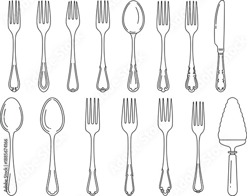 Collection of cutlery silhouettes, forks, spoons and knives with decorative handles, vintage flatware illustrations for kitchen design, dining utensil artwork