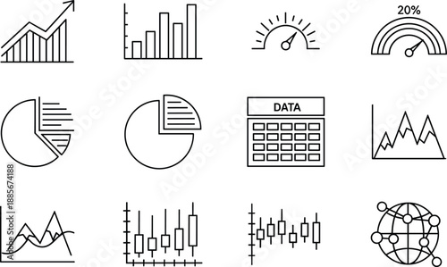 Collection of data analytics icons including charts, graphs, gauges, pie charts, bar charts, candlesticks and global network symbols in simple line style