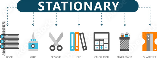 Office Supplies and School Stationery Infographic with 7 Icons Books, Calculator, Scissors for Educational Materials, Admin Workflow and Productivity Presentations