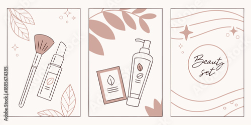 Three minimalist illustrations showcase cosmetic items including a makeup brush, serum bottles, and a lotion dispenser surrounded by organic leaf shapes.