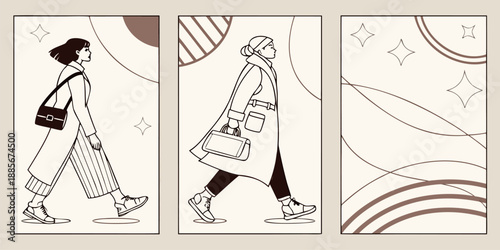 Three abstract vertical panels display stylized line art illustrations of women walking in fashionable winter outerwear against geometric backgrounds.