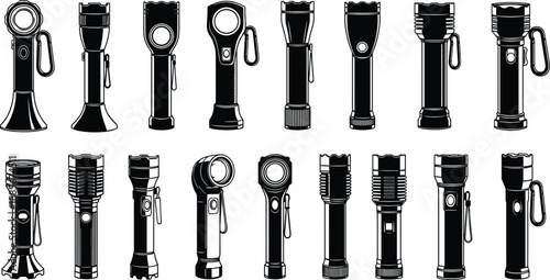 Collection of flashlight silhouettes and detailed torch designs in black and white vector style featuring various shapes for tools illustration and CAD drawing use