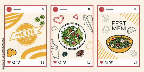 Three framed social media posts illustrate healthy food options including salad and menu graphics for digital promotion.