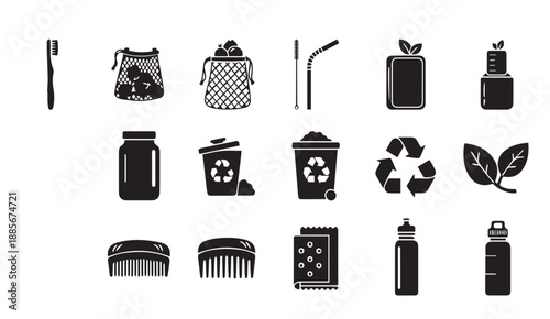Eco friendly icons for zero waste lifestyle and recycling