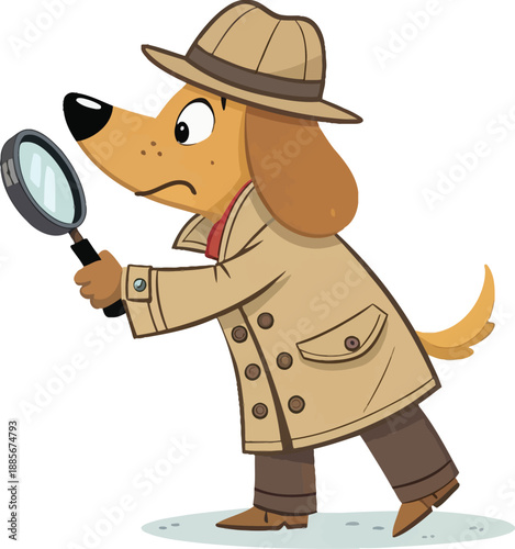 Curious dog detective with magnifying glass, a cartoon illustration for mystery and investigation