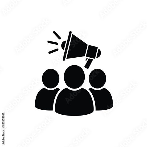 Vector illustration icon a black and white illustration of three people with a megaphone announcing or speaking to them