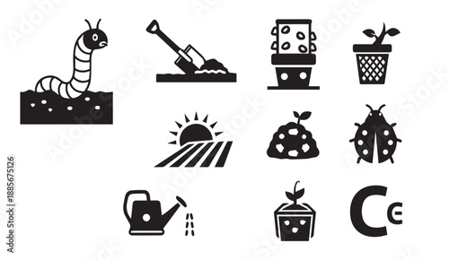 Black vector icons of gardening and composting symbols and signs.