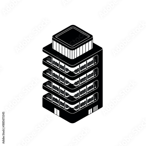 Modern isometric building with multiple floors and a distinctive rooftop design.
