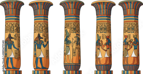 Ancient Egyptian columns illustration set with pharaoh gods hieroglyphs temple art historical vector design