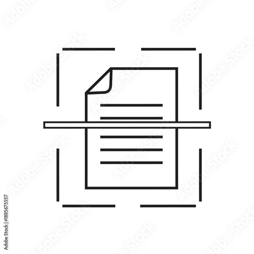 Vector illustration icon a black line drawing of a paper sheet on a tray being scanned or copied