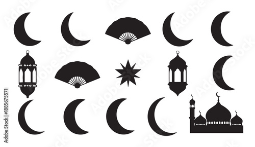 Black silhouettes of crescent moons, lanterns, mosque, star and fan for Ramadan Kareem or Eid Mubarak celebration