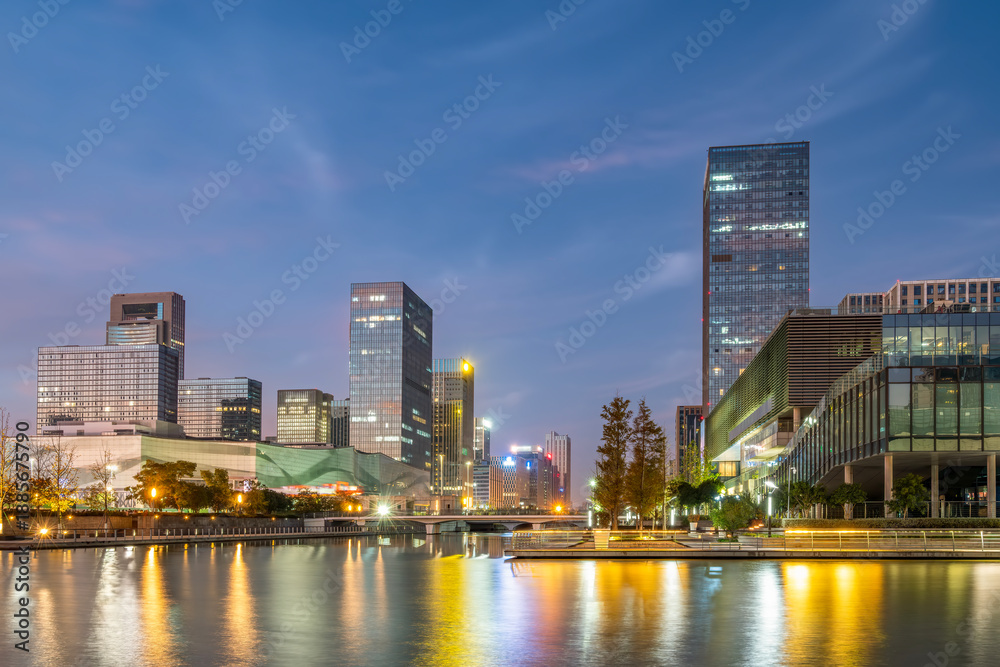 Fototapeta premium Ningbo, China: city skyline, architecture, landscape, city, metropolis, landmark, background, tourist destination, downtown, modern.