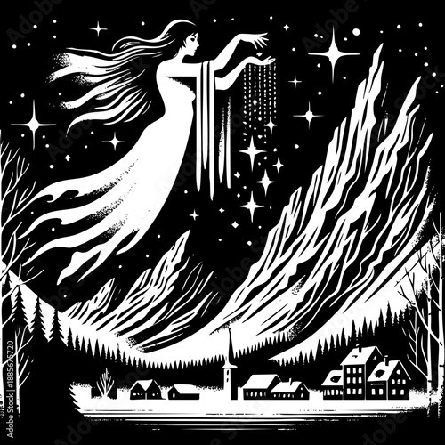 Ghostly Flight: Spirit woman floating over a mountain landscape.