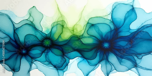 Smooth abstract blue background featuring a flowing wave design with colorful smoke swirls and transparent water patterns in a light motion curve