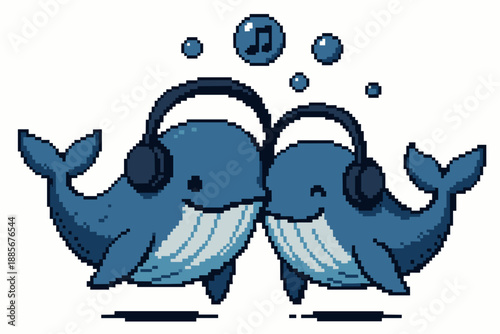 Two playful whales wearing headphones and enjoying music in pixel art style