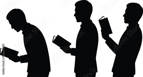 Silhouette of a man reading a book in different poses, symbolizing knowledge, education, learning habits, concentration, study, and intellectual thinking for academic or creative concepts