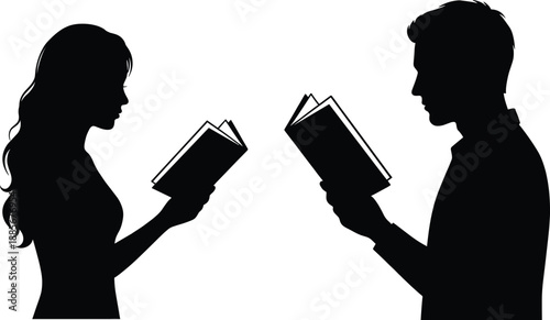 Silhouette of a woman and a man reading books facing each other, symbolizing education, learning, knowledge, study habits, communication, academic growth, and intellectual development