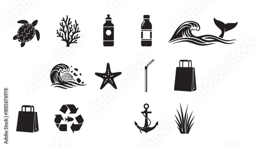 Black vector icons of ocean pollution and eco-friendly living