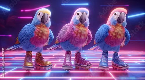 Three colorful parrots roller skating on a neon-lit floor