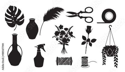 Black silhouettes of various floral and gardening tools on white background