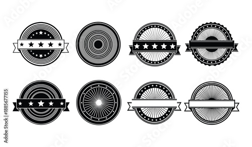 Collection of eight circular black and white badges with ribbons and stars Keywords: badge, emblem, seal, circular, ribbon, stars, geometric, design, graphic, illustration, vector, retro, vintage