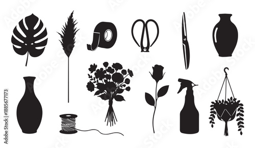 Vector illustrations of gardening tools and plants in black silhouettes on white background