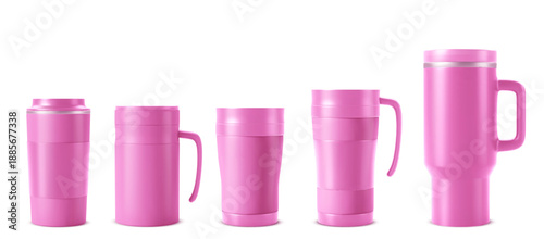 Pink tumbler set with realistic travel mug mockup. Thermal insulated cup set with handle and lid for coffee or water. Stainless steel thermos bottles with reusable flask designs for corporate branding