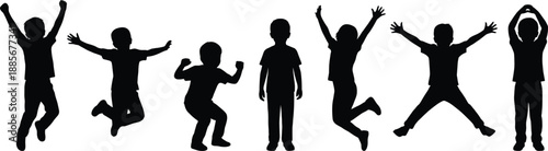 Silhouette of children jumping and playing in different energetic poses, representing childhood joy, fun, movement, fitness, active lifestyle, recreation, growth, and healthy physical development