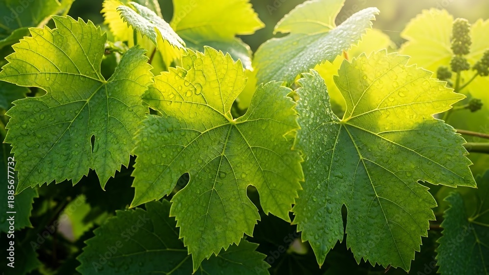 Obraz premium Green grapevine leaves in sunlight.