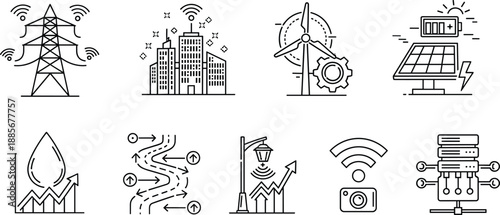 Collection of smart energy and renewable power icons including wind turbine, solar panel, smart city, wifi, data server and growth analytics graphics